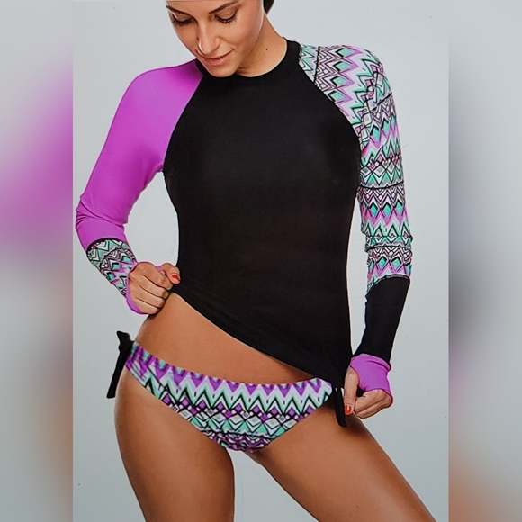 NWOT Pull Over Rash Guard Thumb Holes Side Tie Bikini Bottom swim suit Set - Picture 6 of 16